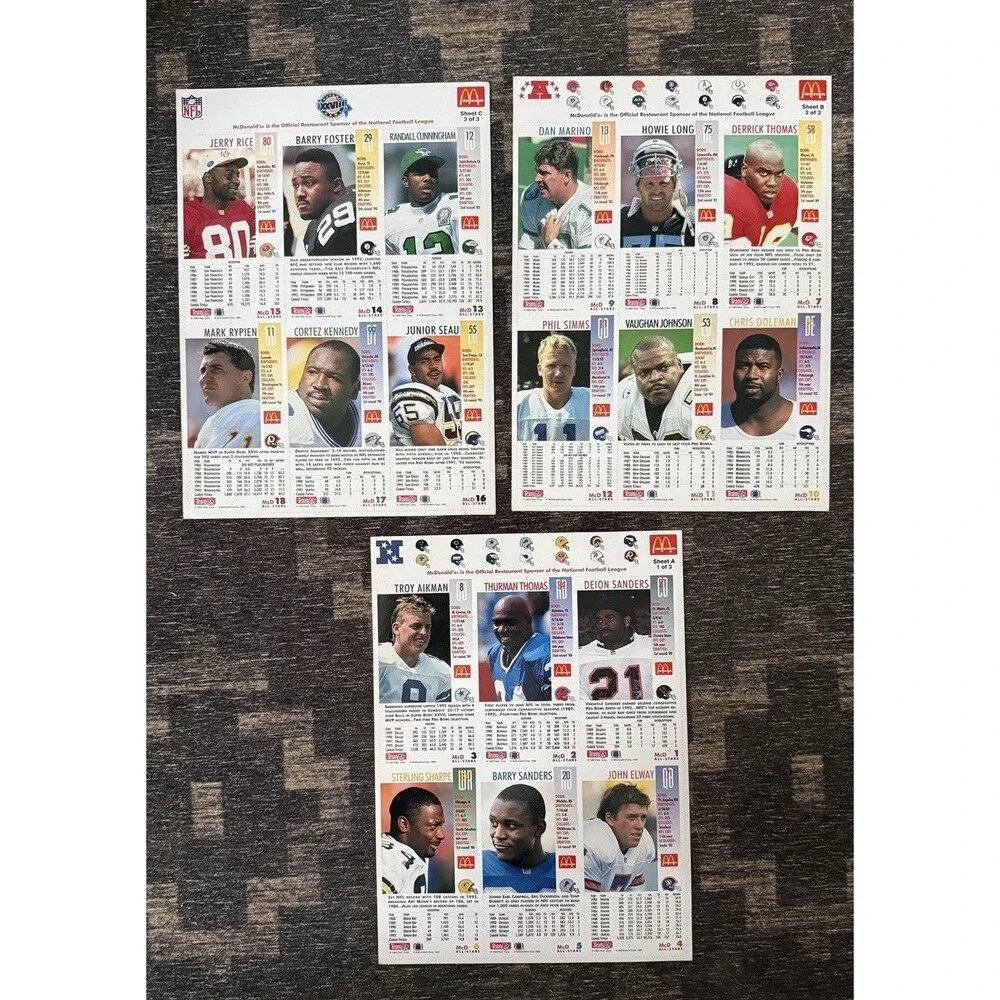 1993 McDonald’s NFL Gameday Collector Cards Complete Uncut 3-Sheet Set - Mint